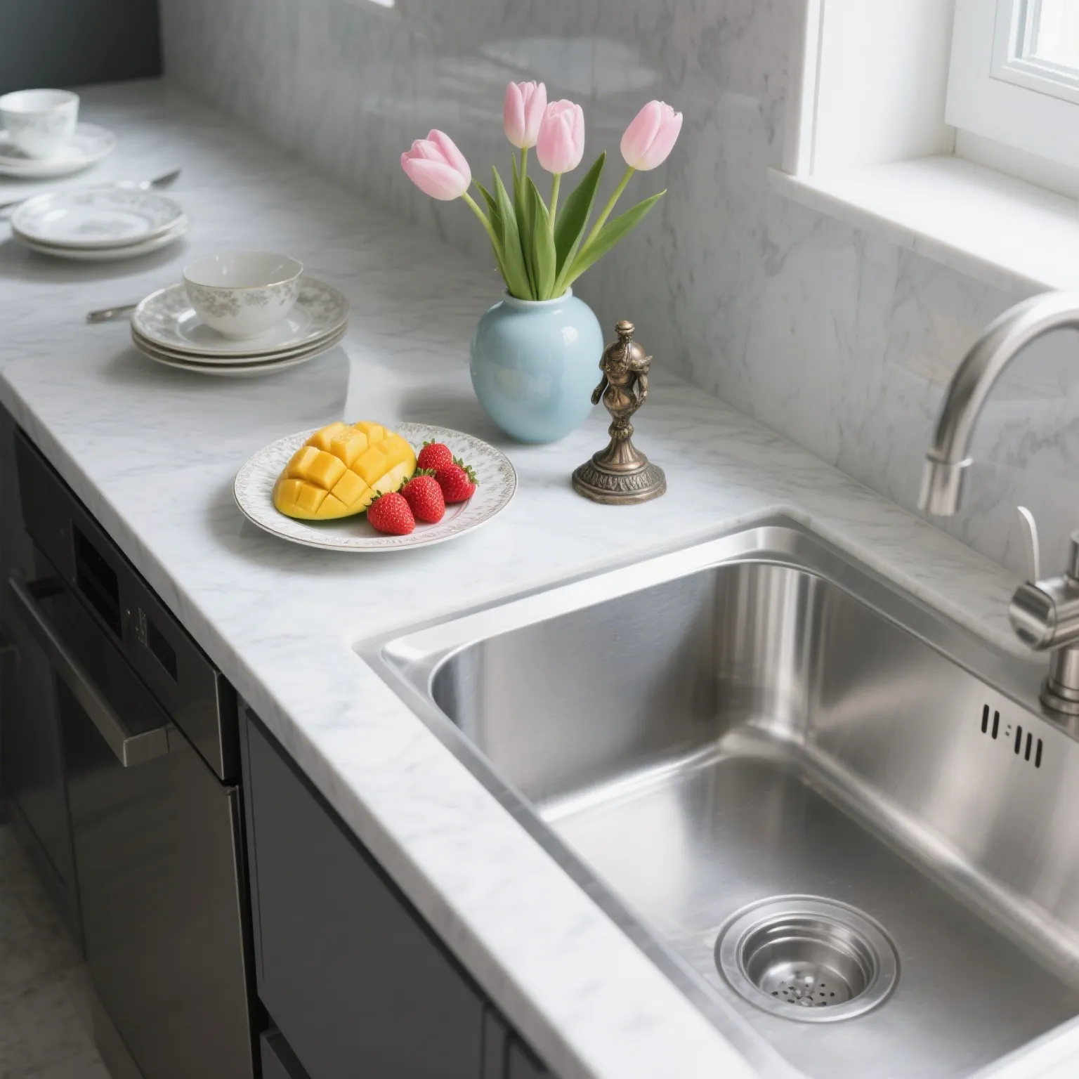 Corner kitchen sink with angled design in stainless steel, embedded in gray countertop with white cabinets, window with blinds, and wooden cutting board visible